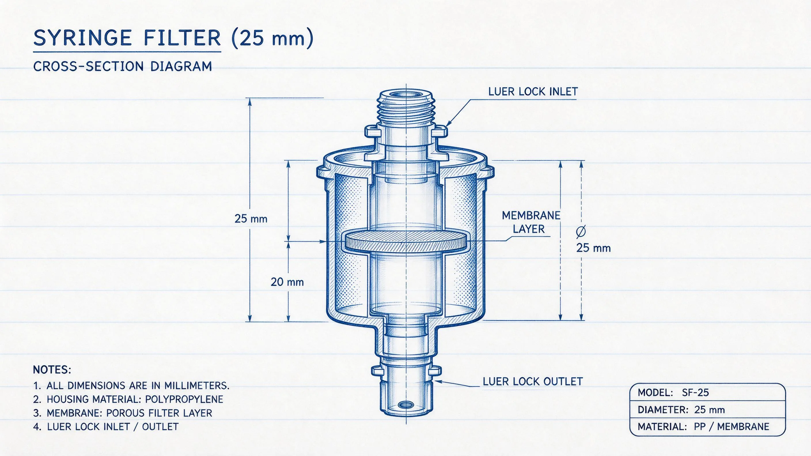 Syringe filter cross-section technical diagram: polypropylene housing, membrane layer, luer lock inlet and outlet